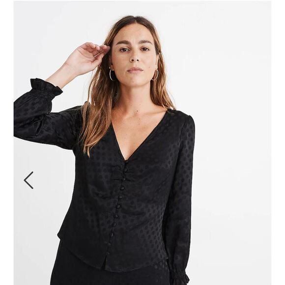 Madewell Top blouse smocked daylight woven Swiss dot black button up V-neck SZ 2 - Picture 14 of 14